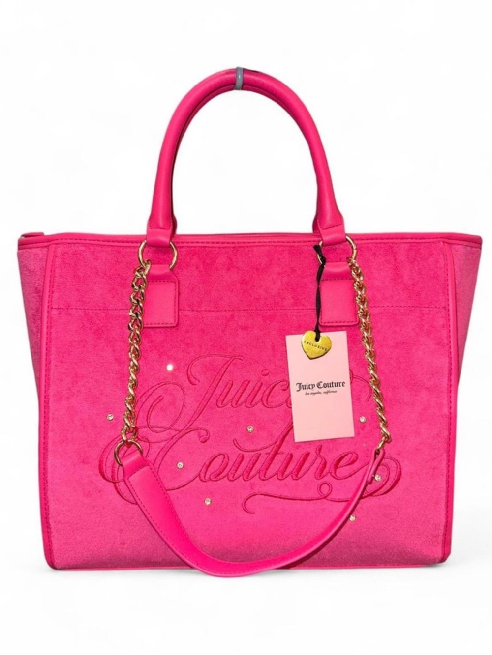 Juicy Couture Hot Pink Suede Tote with Gold Chain Accents
